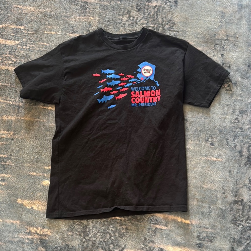 Hanes Black Tee with Red and Blue Salmon Graphic